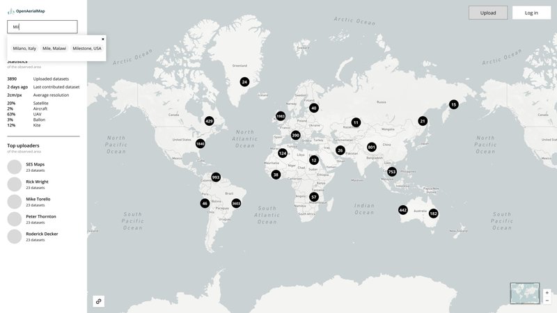 OAM's proposed new view, with a column on the left with different statistics and a search bar, and a world map with circular clusters showing the areas with uploads