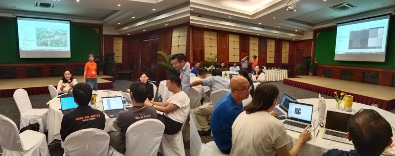 HOT Asia-Pacific Hub's GIS Analyst, Honey Fombuena, provides hands-on QGIS training to World Vision staff in Siem Reap, Cambodia, focusing on household risk mapping to enhance disaster preparedness. | Photo: Jolly Anne Gibe / World Vision East Asia