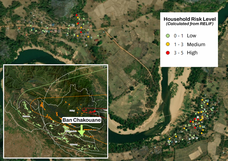 Simulated household risk map for a typhoon scenario | Map visualization: World Vision Laos