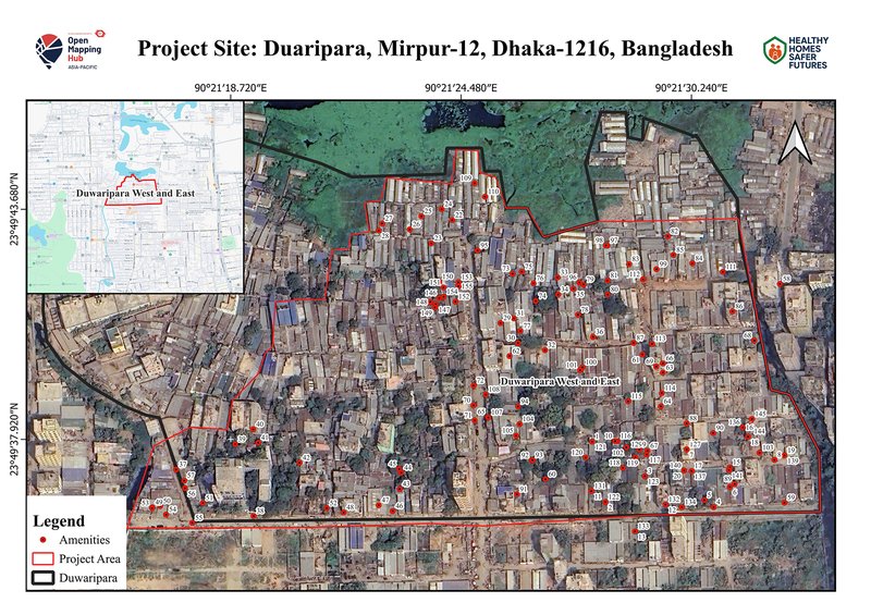 Map of Duaripara, Mirpur-12 showing 155 mapped amenities, including water points, sanitation facilities, and community infrastructure | Map visualization: Mohammad Azharul Islam
