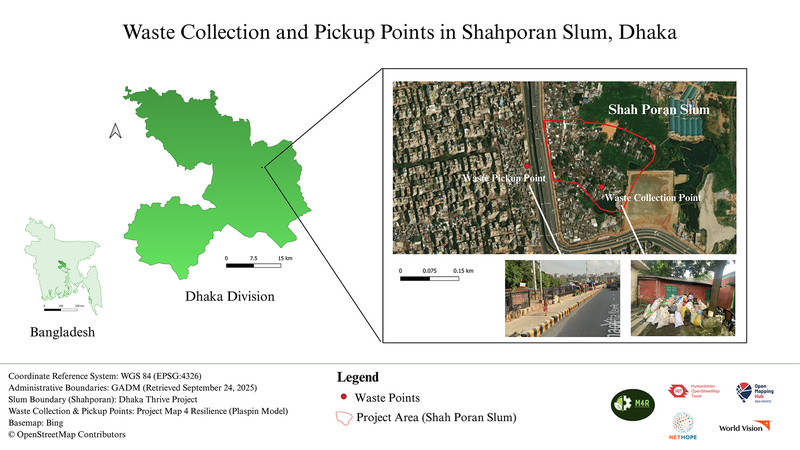 Waste collection and pickup points mapped through OpenStreetMap | Map visualization: Sumaya Rahmatullah