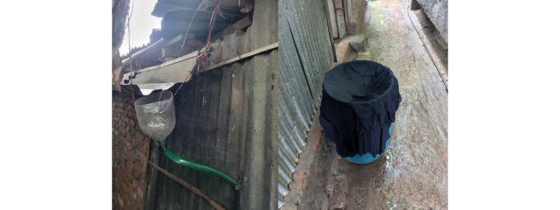 Community-made RWH system installed by local residents for household water use, which existed prior to the project and was observed as part of the baseline assessment | Photo: Md. Muaz Hussain and Samin Rahman