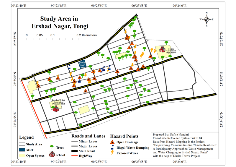 Map of hazard locations in Ershad Nagar Slum, Tongi | Map visualization: Nafisa Nandini