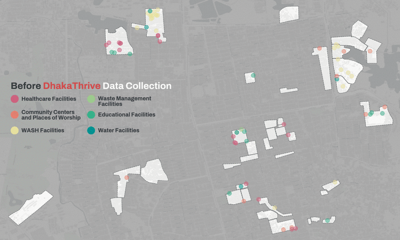 Critical facilities mapped in Mirpur before and after the Dhaka Thrive project's pilot data collection in 2024 | Map visualization: Honey Fombuena / Open Mapping Hub - Asia-Pacific