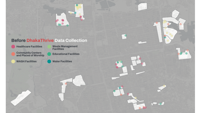 Critical facilities mapped in Mirpur before and after the Dhaka Thrive project | Map visualization: Honey Fombuena / Open Mapping Hub - Asia Pacific