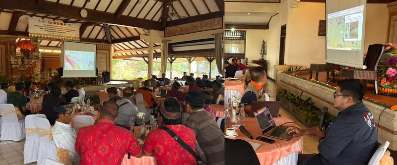During the FGD with local community representatives (November 2025), Harry Mahardhika, E2E’s project lead, shared about the project's participatory mapping method and the latest map outputs co-developed with BPBD. Following positive response from participants, the discussion resulted in a shared agreement to continue finalizing the maps for stronger, more comprehensive disaster management and preparedness. | Photo: BPBD Bali