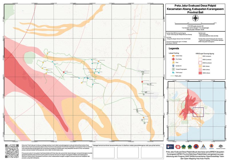 Map of evacuation routes (work in progress, as of November 2025) in Pidpid Village, Karangasem, visualized using data contributions from ChatMap | Map visualization: BPBD Karangasem, BPBD Bali, and Pidpid Village community members