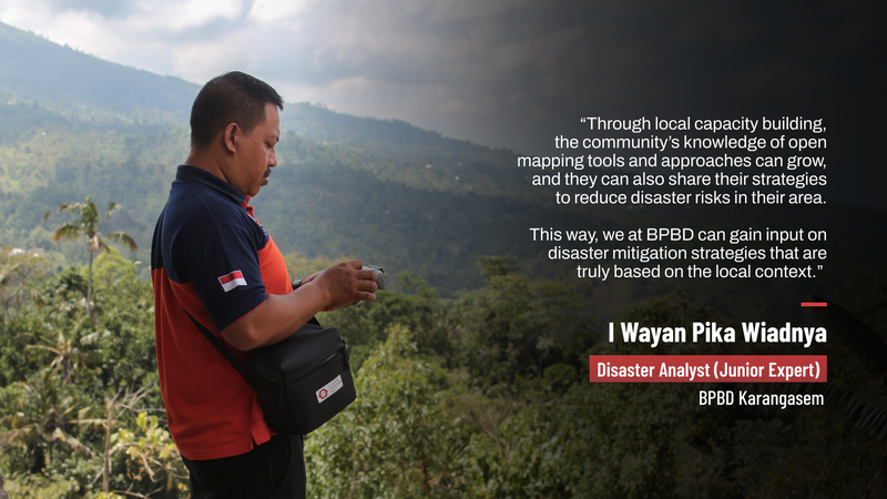 I Wayan Pika Wiadnya, Disaster Analyst at BPBD Karangasem, emphasizes the importance of local community involvement in disaster risk reduction efforts. Having accessible tools, as introduced through the project, will significantly help improve this by lowering barriers to broader community participation. | Photo: Tony Liong / Open Mapping Hub - Asia Pacific