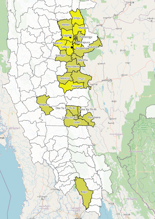Through the project, HOT will scale mapping efforts to additional townships (in dark yellow), having completed mapping in 7 townships (in yellow). Townships in states declared under a state of emergency are in white.