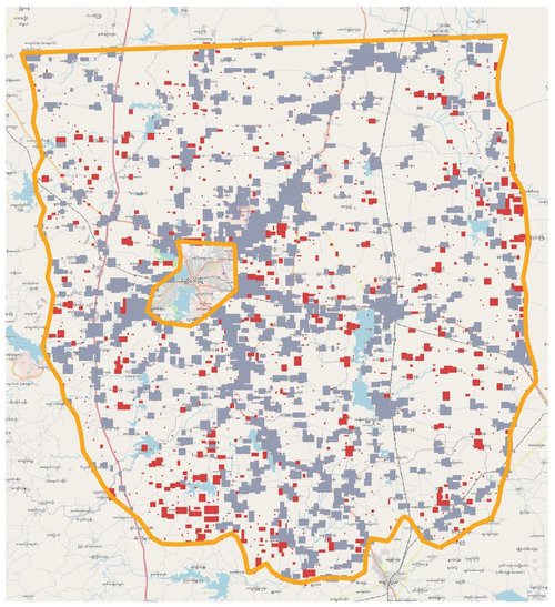 34% of the built-up areas identified in MapSwipe (by humans) around Meiktila, Mandalay Region, had no building footprints present in Overture (red polygons). Grey polygons indicate built-up areas that do contain Overture building footprints. The orange boundary is the extent of the MapSwipe project.