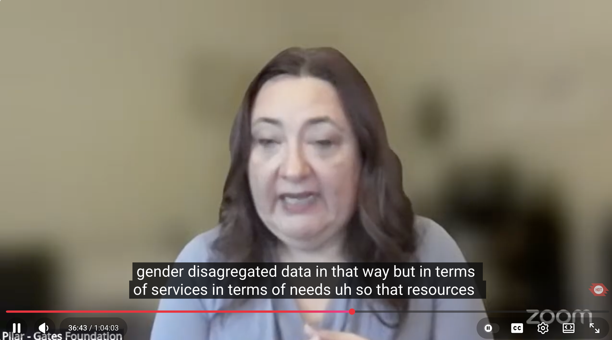 Pilar discussing concrete outcomes when gender-disaggregated data informs decision-making—safe spaces for women and girls in shelters.