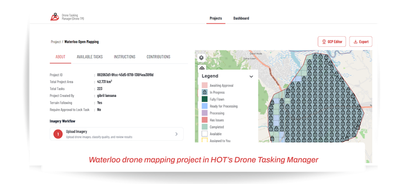 Waterloo drone mapping project in HOT’s Drone Tasking Manager